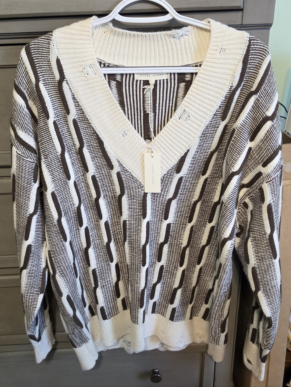 Gilded Intent Cream and Brown V-Neck Patterned Knit Sweater